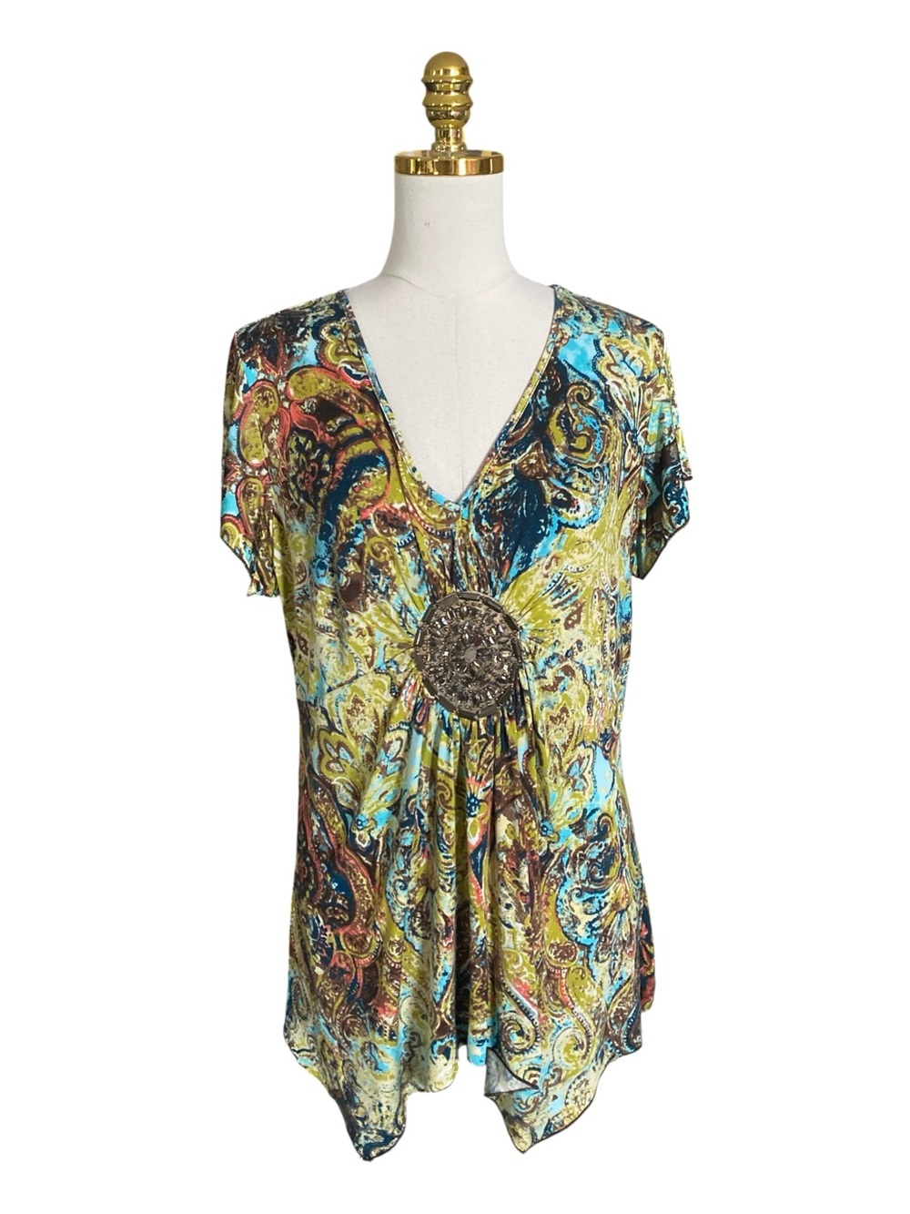 Y2k Boho Festival Paisley Whimsigoth Tunic Top  Sequined Medallion Centerpiece L